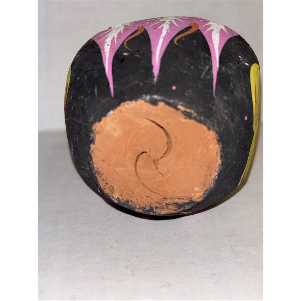Vintage Terra Cotta Pottery Hand Painted Vase Jug Black Pink Green Small 4.5